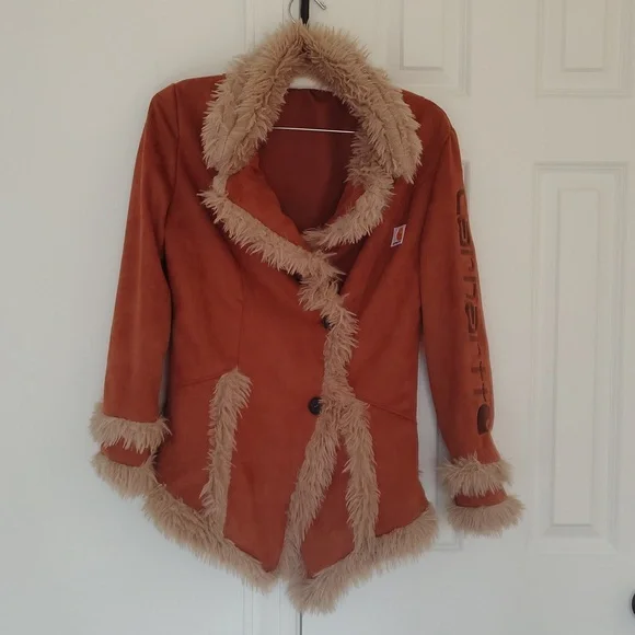 CARHARTT Faux Suede 2 Button Collared Lightweight Embroidered Coat Sz M - Picture 3 of 14